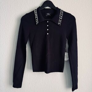 Pearl-Embellished Black Long-Sleeve Polo Top. NWT. Size M